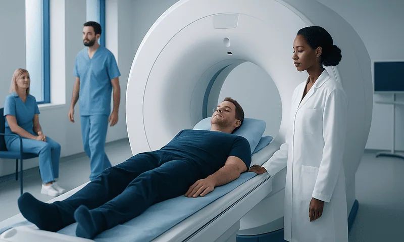 Patient undergoing MRI scan in a modern hospital setting.