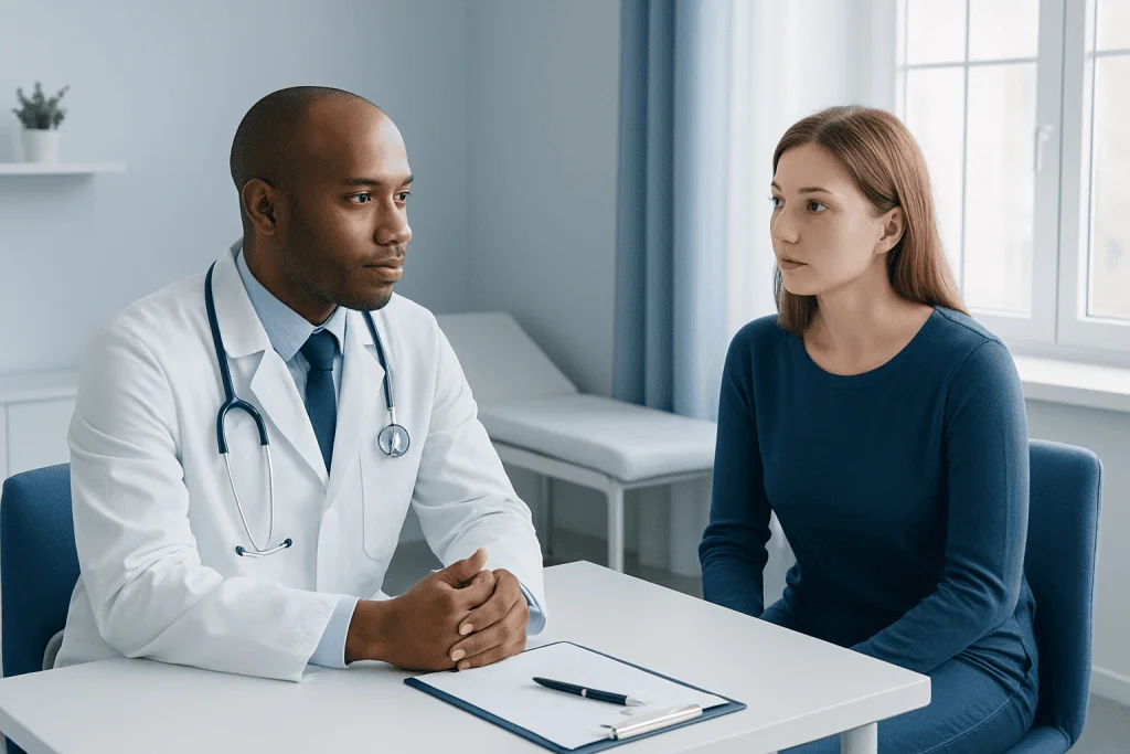 Doctor consulting with a patient in a medical office setting.