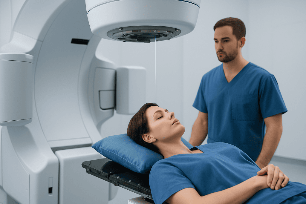 Patient undergoing radiotherapy treatment in a modern medical facility.