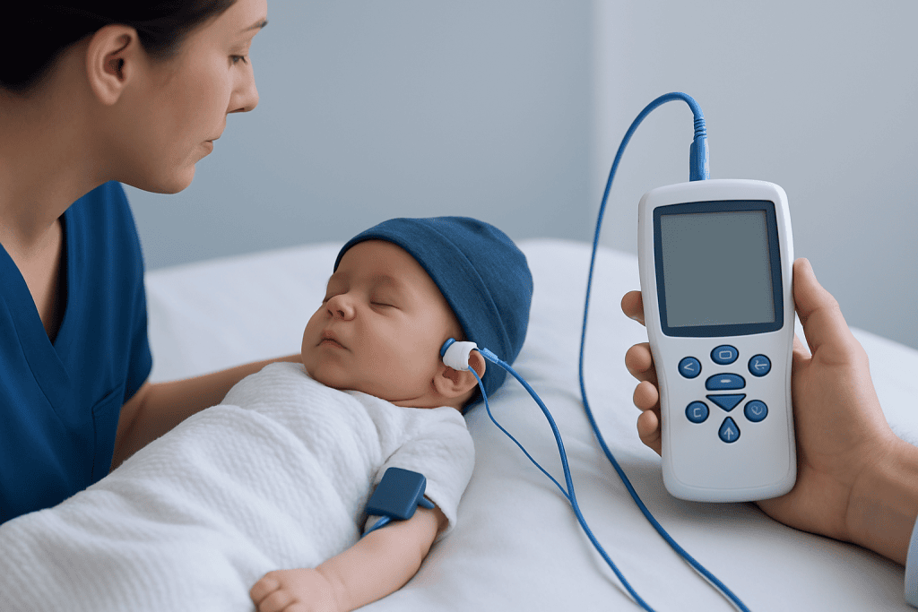 Neonatal hearing screening test with a baby and medical equipment.