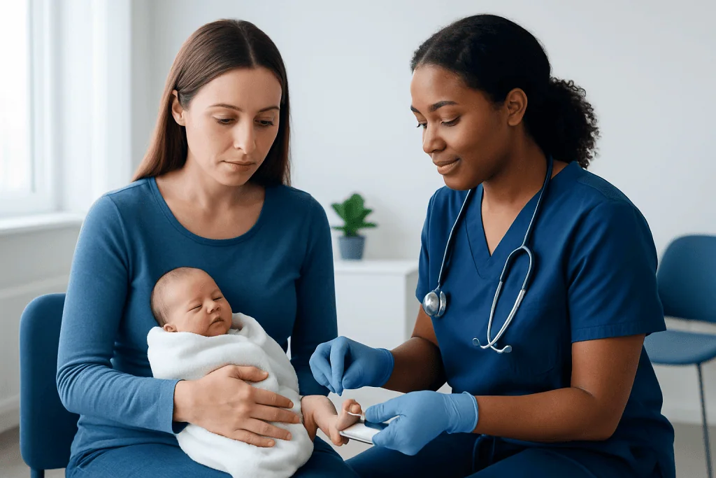 Mother and nurse with newborn baby during a medical check-up at Acibadem Hospital.