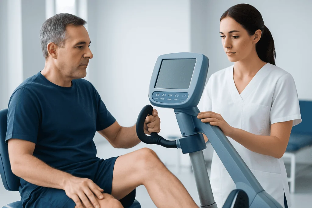 Physical therapist assisting patient on exercise bike at Acibadem Hospital.
