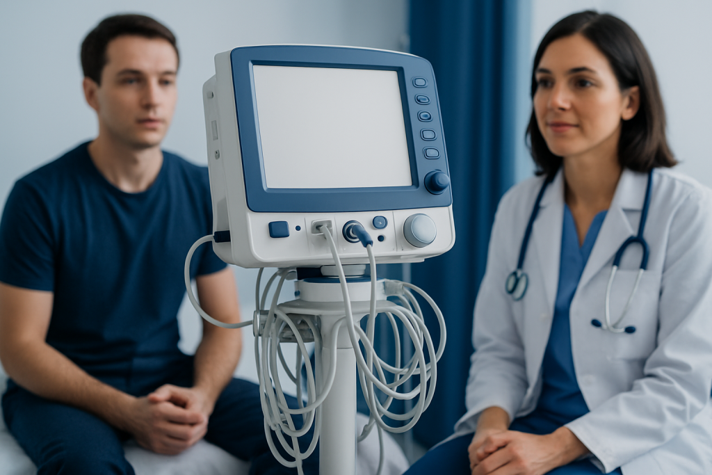 Doctor and patient in a medical consultation with monitoring equipment.