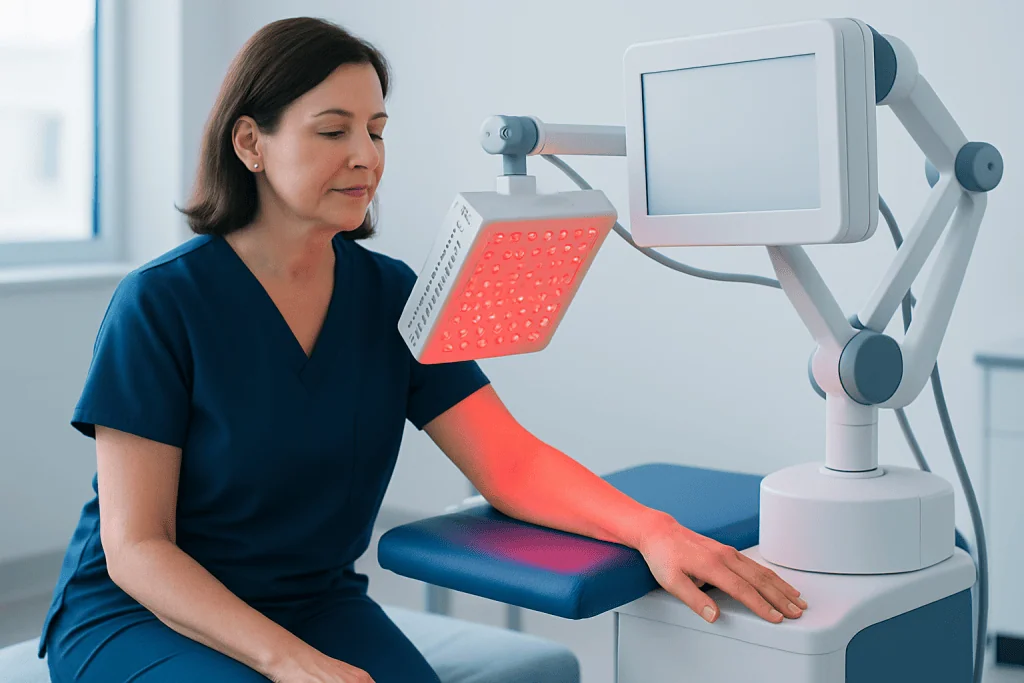 Woman receiving red light therapy treatment for neuropathy at a medical clinic.