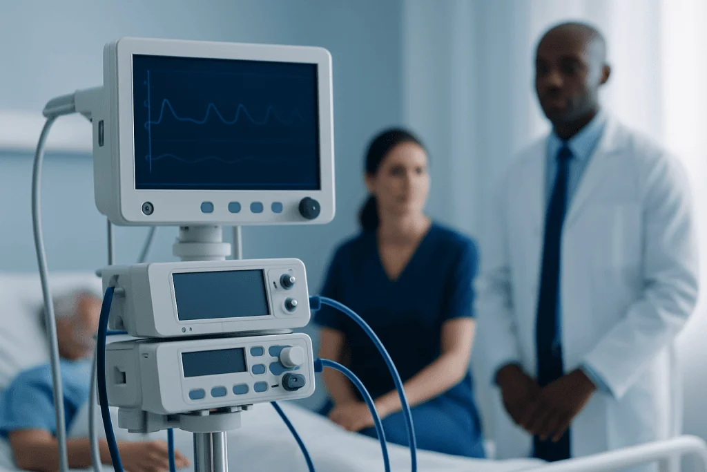 Medical monitor displaying vital signs in a hospital setting.