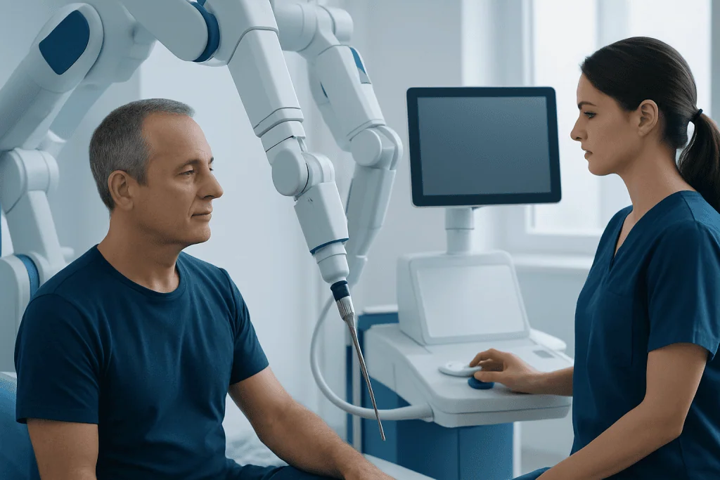 Medical professional performs robotic therapy on patient at Acibadem Hospital.