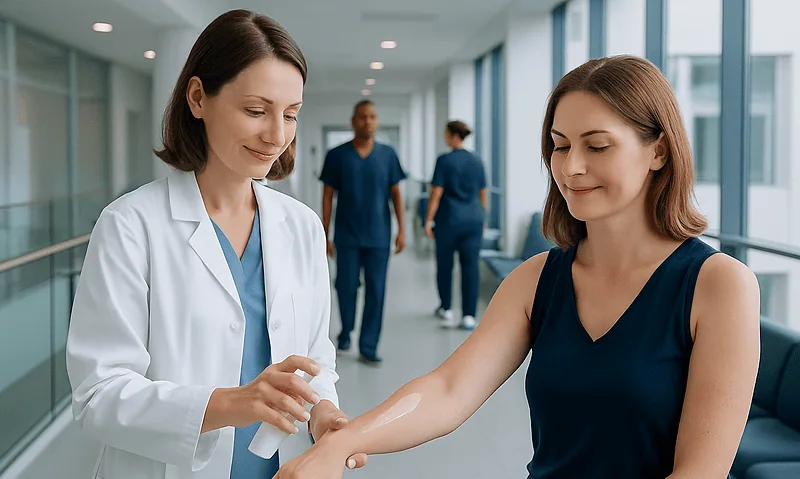 Doctor applying sunscreen to a woman's arm in a hospital corridor.
