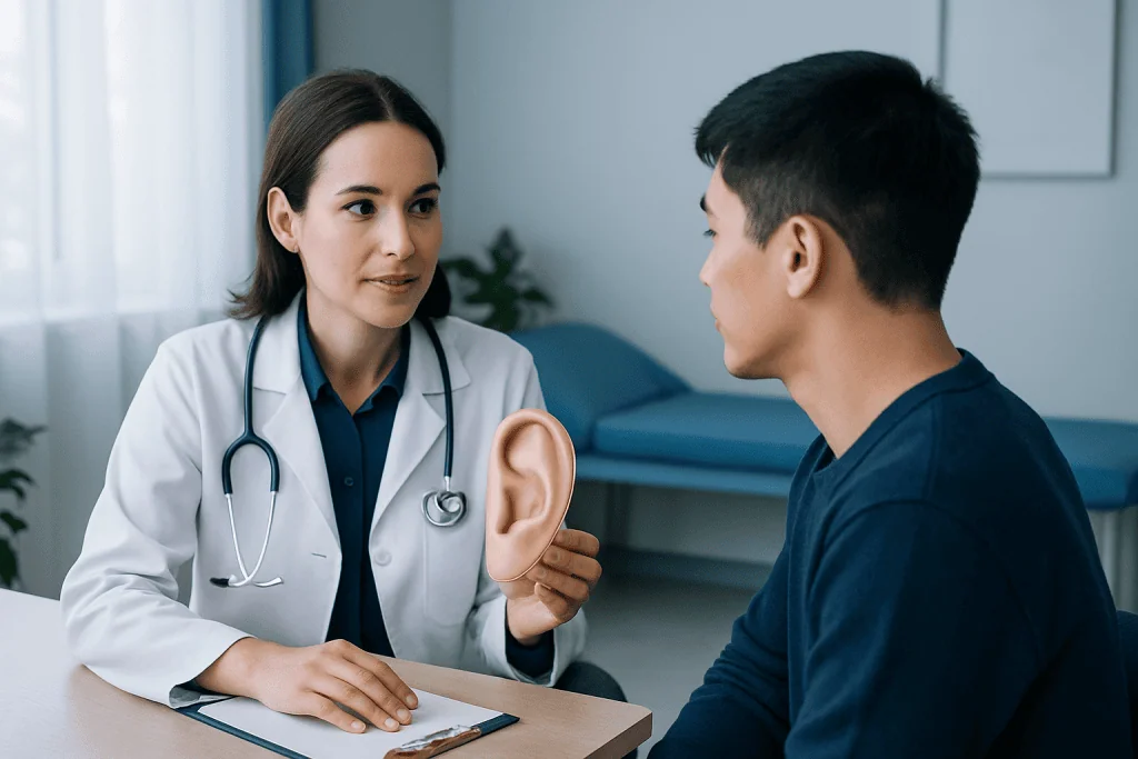 Doctor explaining ear reconstruction options to patient in consultation room.
