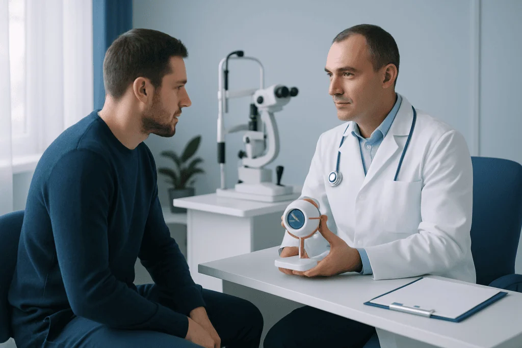 Ophthalmologist explaining eye removal procedure to patient in clinic.