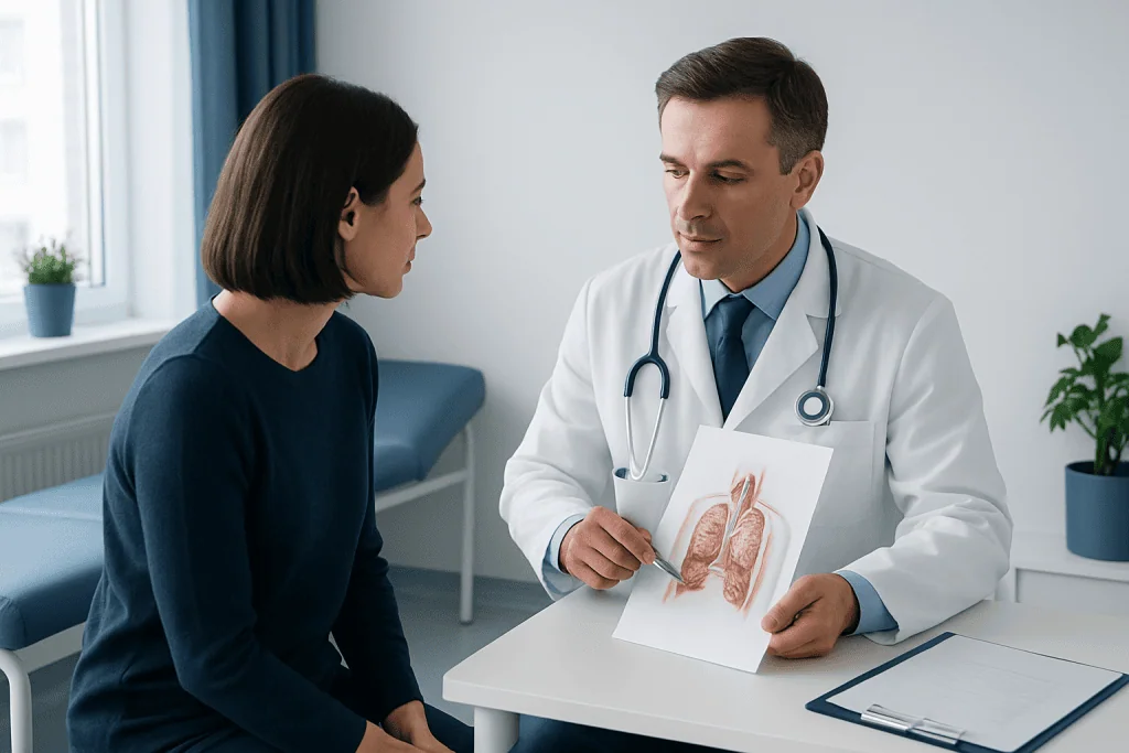 Doctor explaining lung anatomy to a patient in a medical consultation.