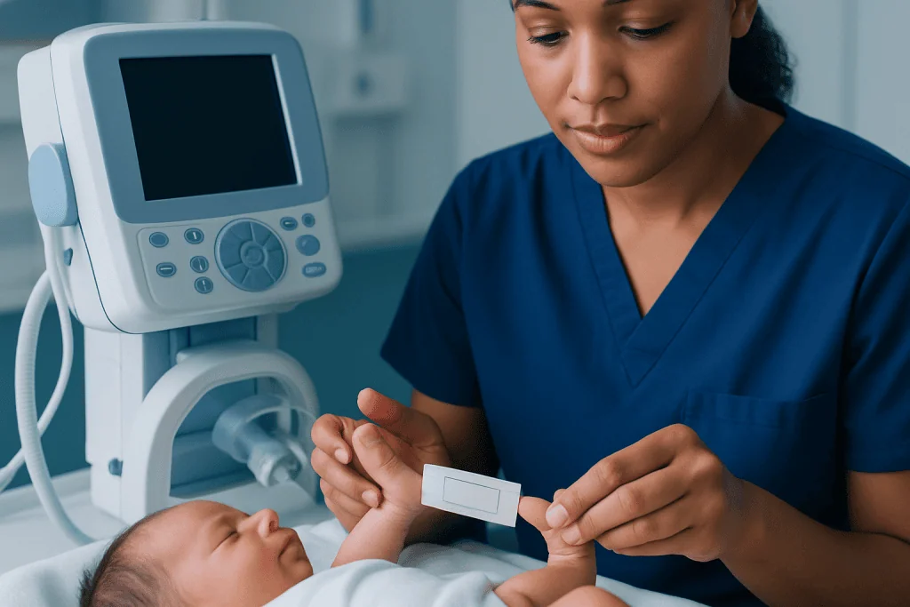Healthcare professional performing newborn screening test in hospital setting.