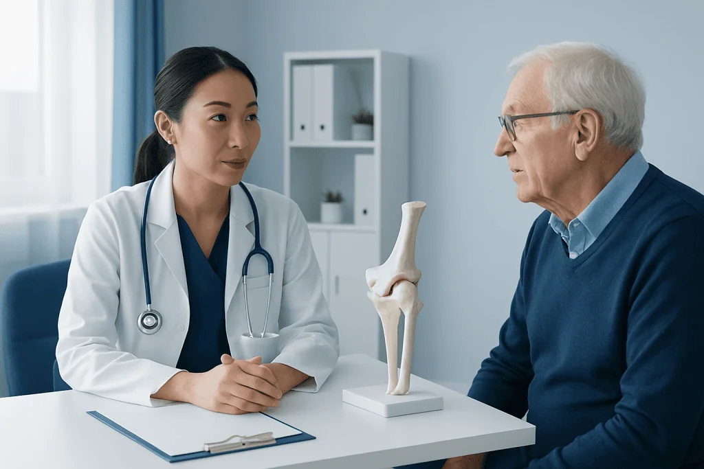 Doctor explaining hip joint details to elderly patient in clinic.