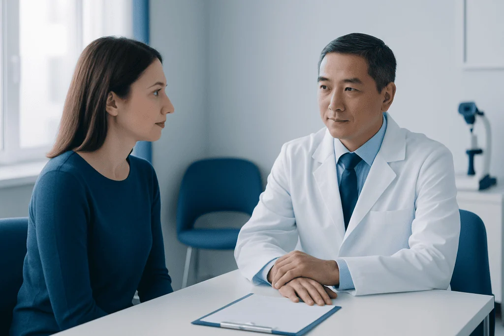 Ophthalmologist consulting with a patient about eye health.