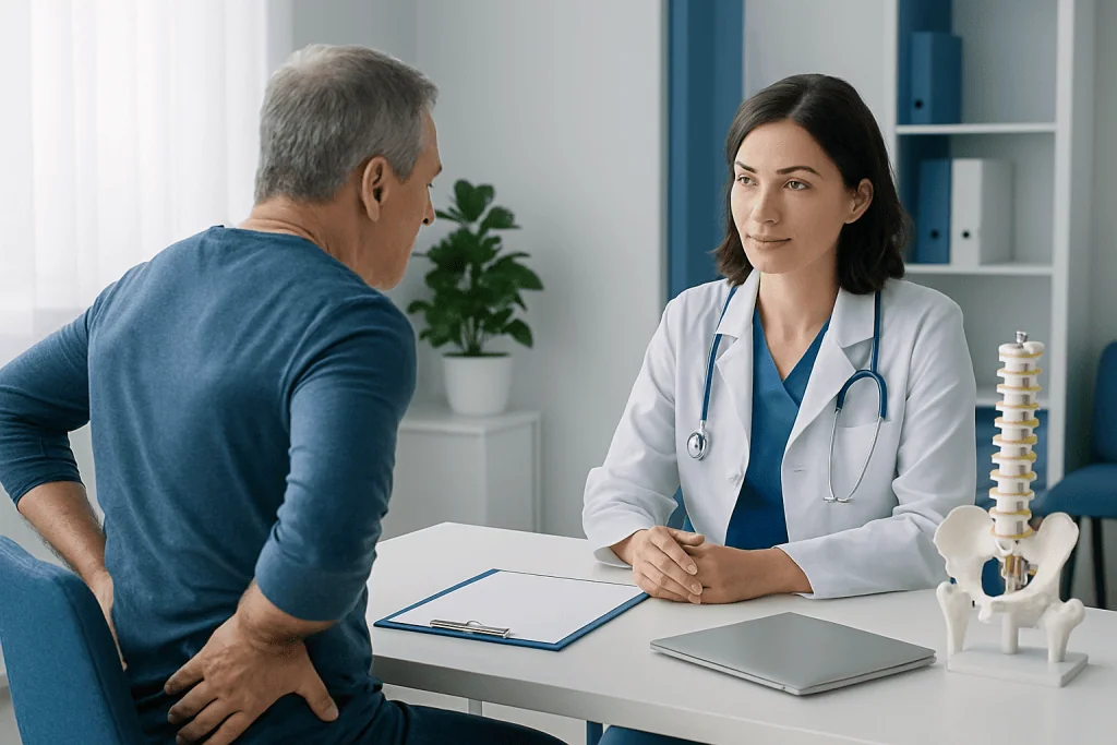Doctor consulting with a patient about lower back health and treatment options.