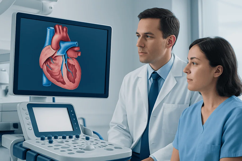 Doctors analyzing a 3D heart model on a monitor in a medical setting.