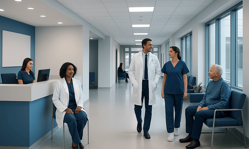 Healthcare professionals and patient in a modern hospital corridor.