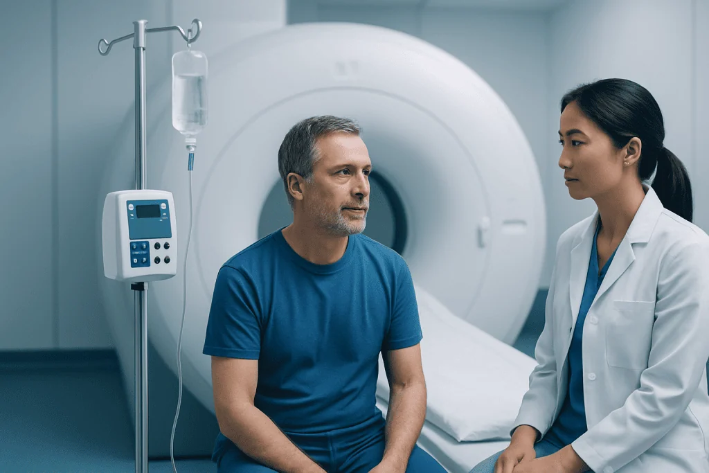 Patient and doctor in MRI scan room at Acibadem Hospital.