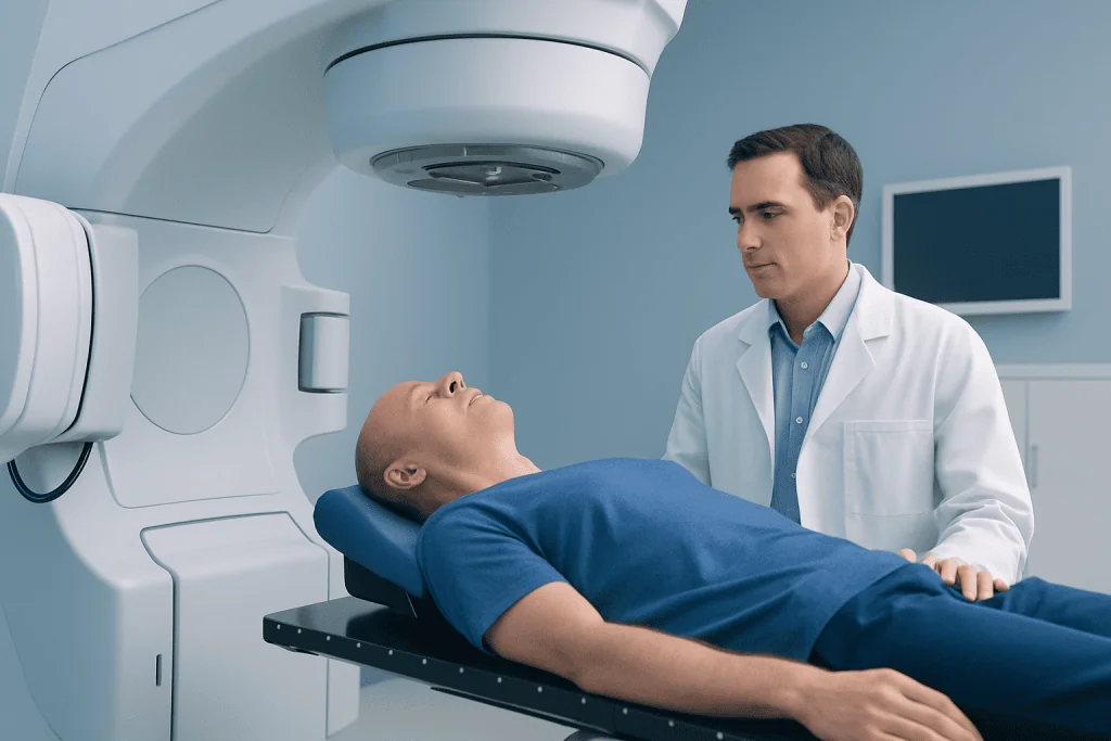 Patient undergoing radiation therapy in a modern hospital setting.