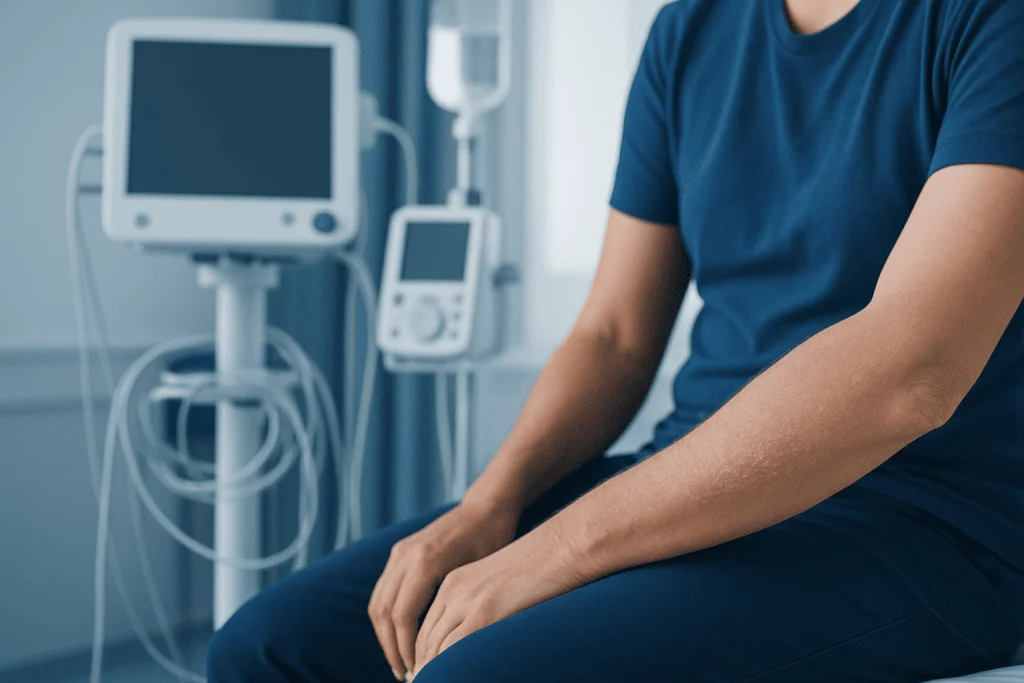 Patient in hospital room with medical monitors and IV drip.