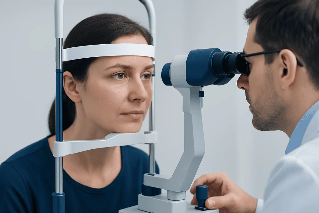 Ophthalmologist examining a woman's eyes with a slit lamp.