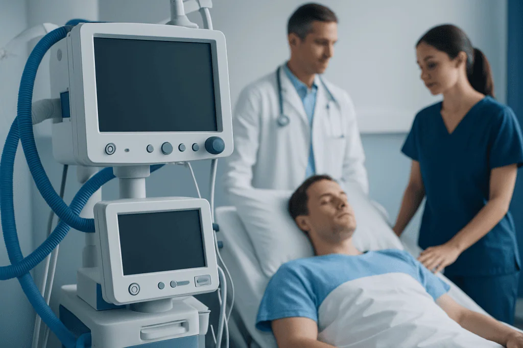 Medical team monitoring patient in hospital room with ventilator equipment.