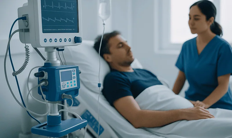 Patient in hospital bed with medical monitor and nurse attending.