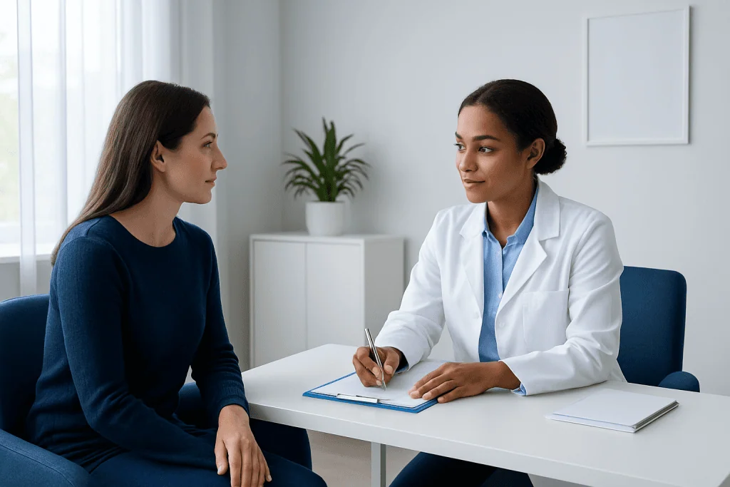 Doctor consulting with patient in a modern medical office setting.