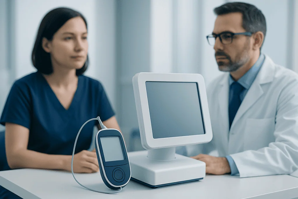 Doctor and patient discussing blood glucose monitoring device in clinic.