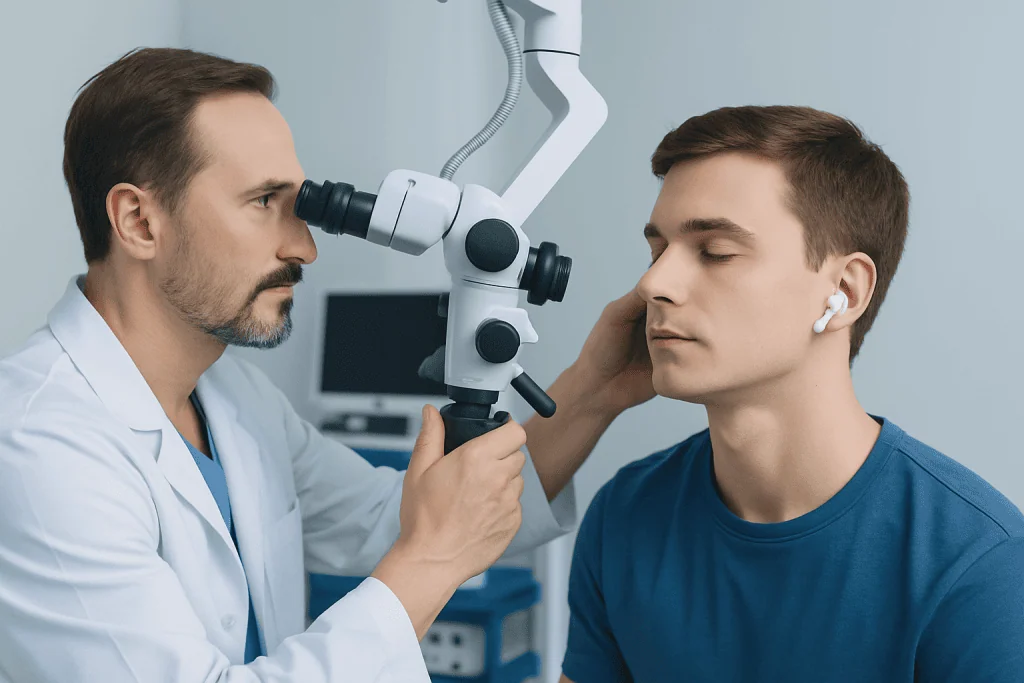 Otolaryngologist examining a young patient's ear with a microscope.
