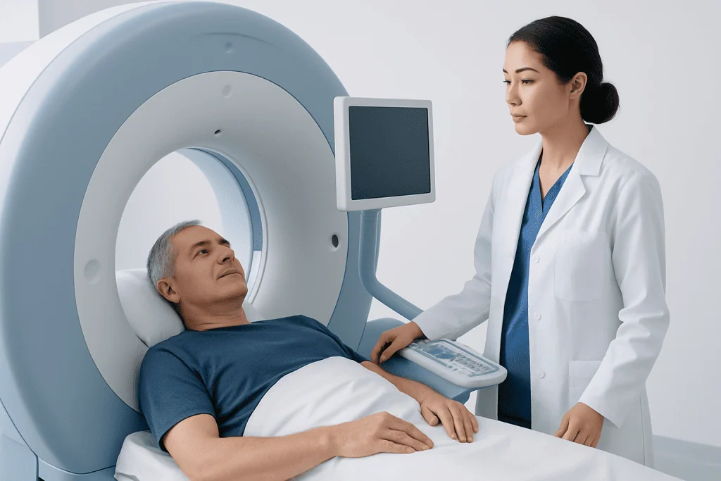 Patient undergoing MRI scan at Acibadem Hospital for prostate health assessment.