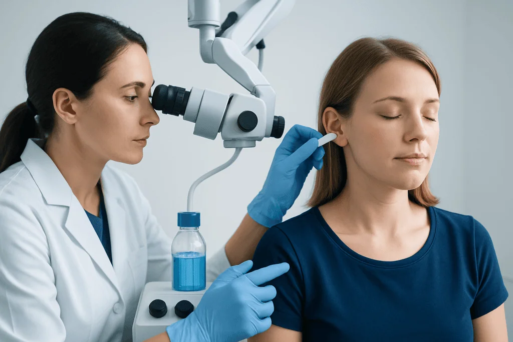 ENT specialist examining patient's ear with medical equipment at Acibadem Hospital.