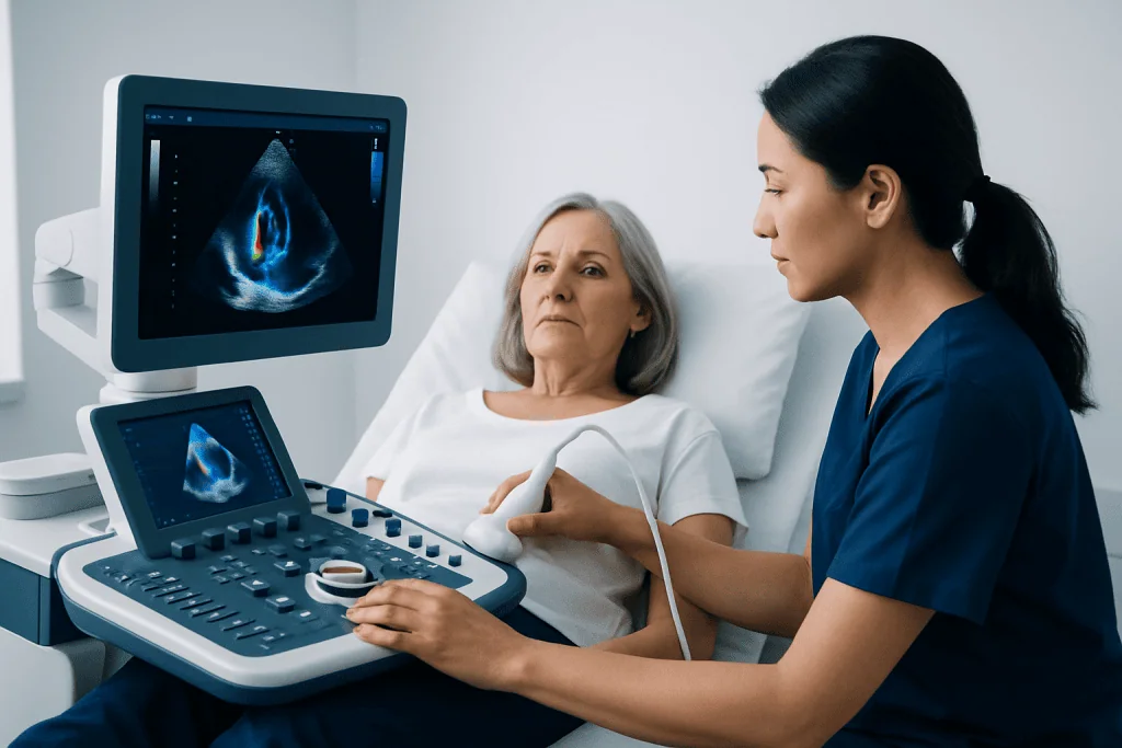 Medical professional performs an echocardiogram on a patient in a clinical setting.