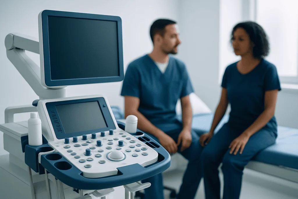 Medical ultrasound machine with two healthcare professionals in a hospital room.