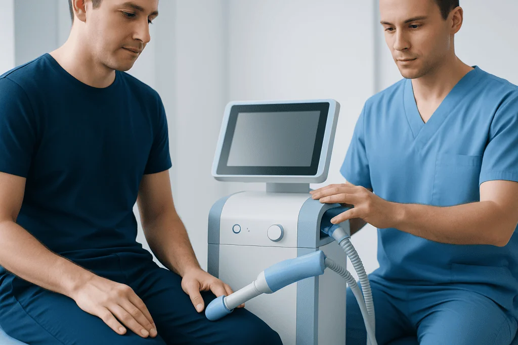 Medical professional performing therapy with advanced equipment at Acibadem Hospital.