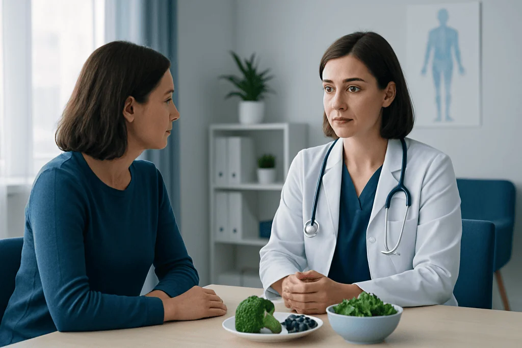 Doctor consulting patient about metabolic therapy diet for cancer treatment.