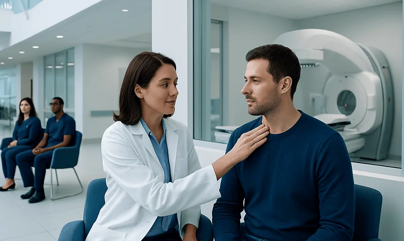 Doctor consulting with patient in a modern radiology clinic.
