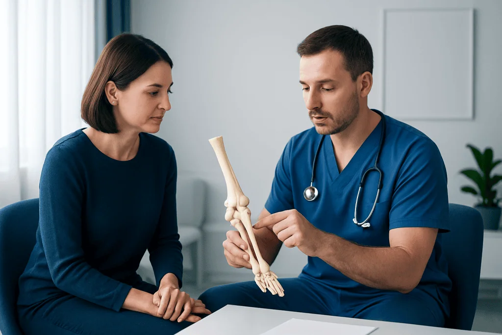 Orthopedic doctor explaining elbow anatomy to patient in consultation room.