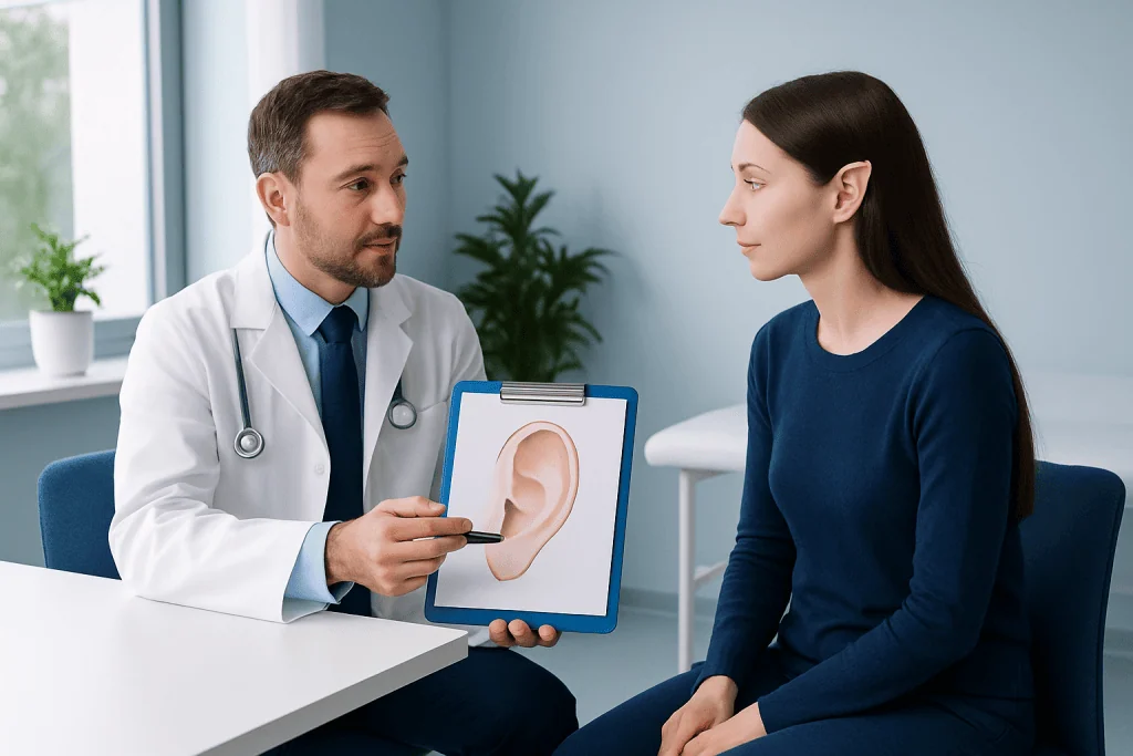 Doctor explaining ear anatomy to a patient during consultation.