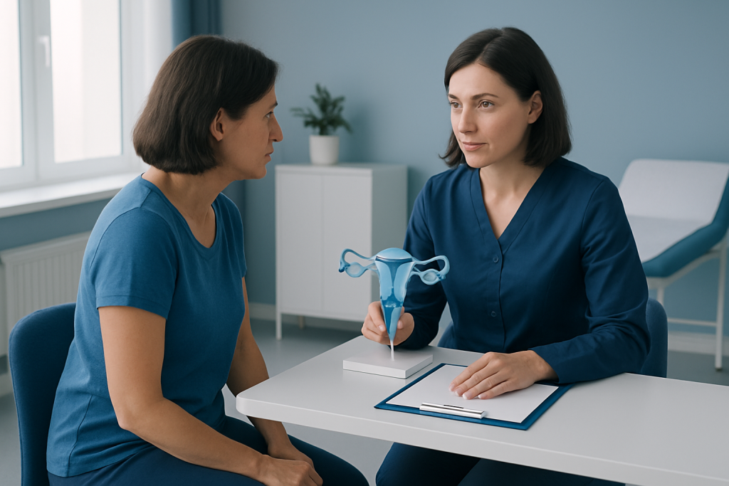 Doctor explaining endometrial cancer screening to patient with uterine model.