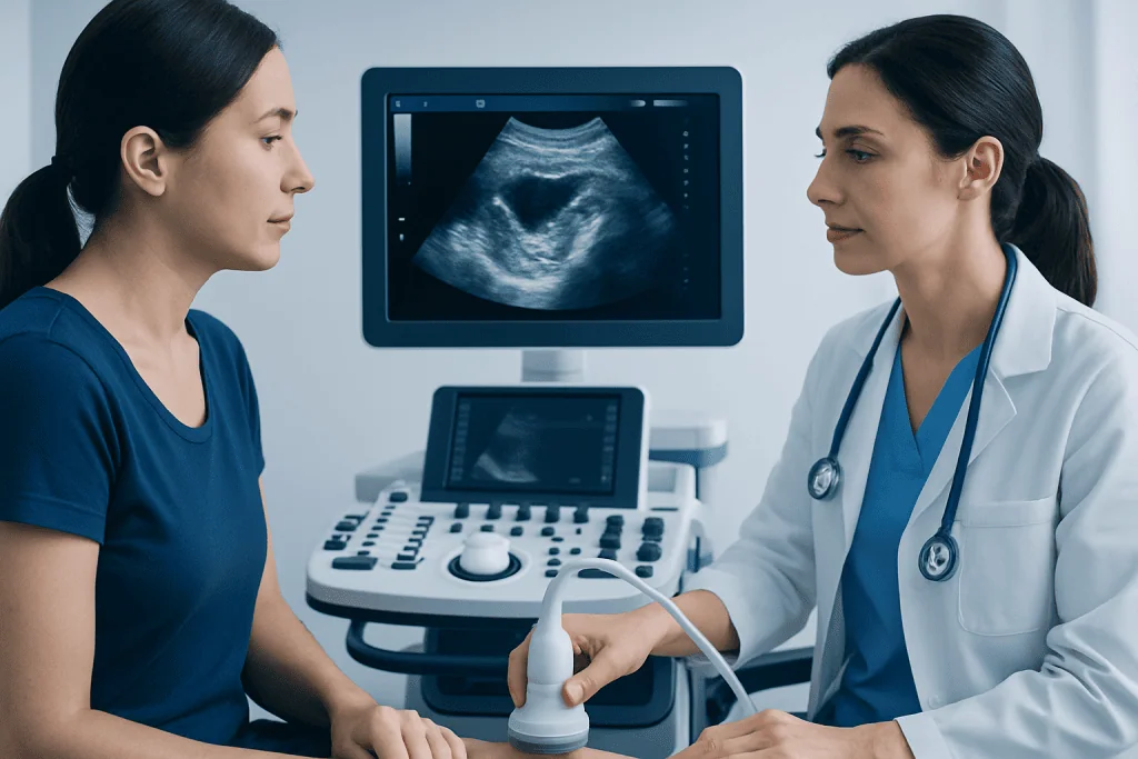 Doctor performing an ultrasound examination on a patient in a clinical setting.