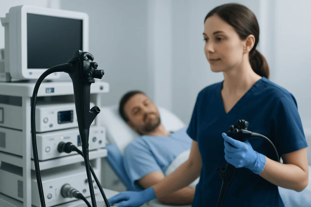 Endoscopic procedure being performed in a hospital setting with medical staff and equipment.