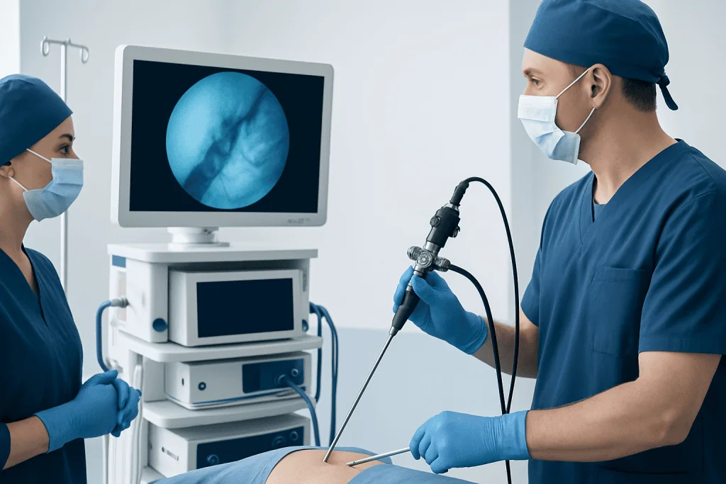 Medical professionals performing endoscopic spine surgery in a hospital setting.
