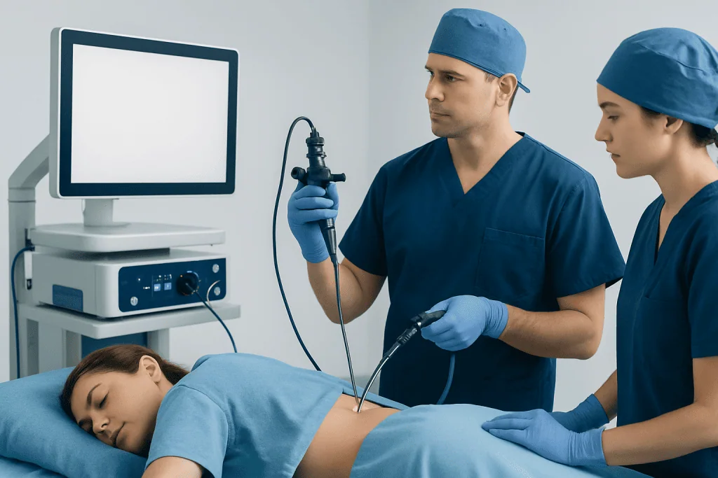 Medical professionals perform endoscopy on a patient in a hospital setting.