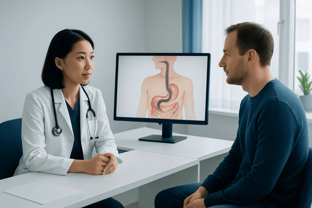 Doctor explaining stomach anatomy to patient in a consultation room.