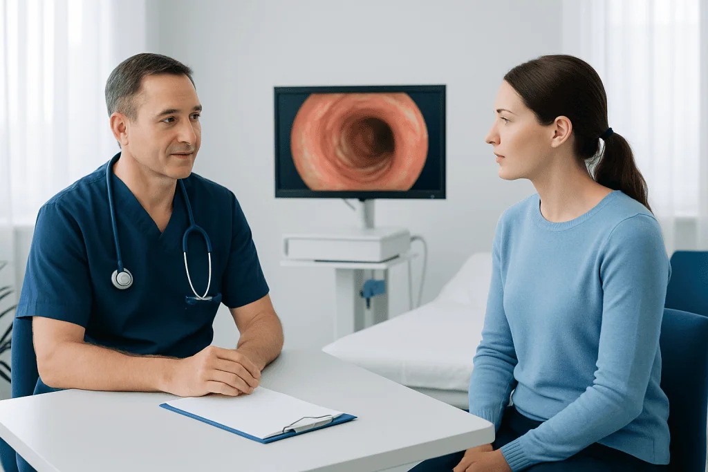Doctor explaining endoscopy procedure to patient in clinic setting.