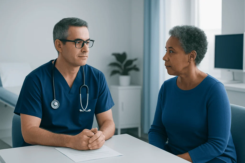 Doctor consulting with an elderly female patient in a medical office.