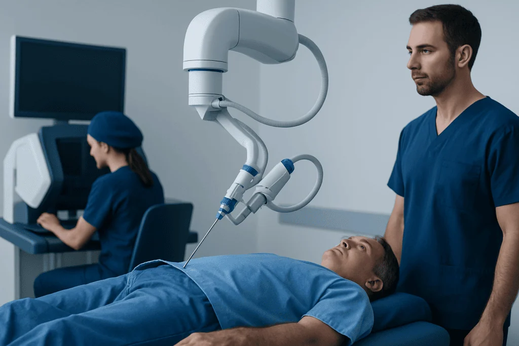 Urologist performing minimally invasive prostate treatment with advanced equipment.