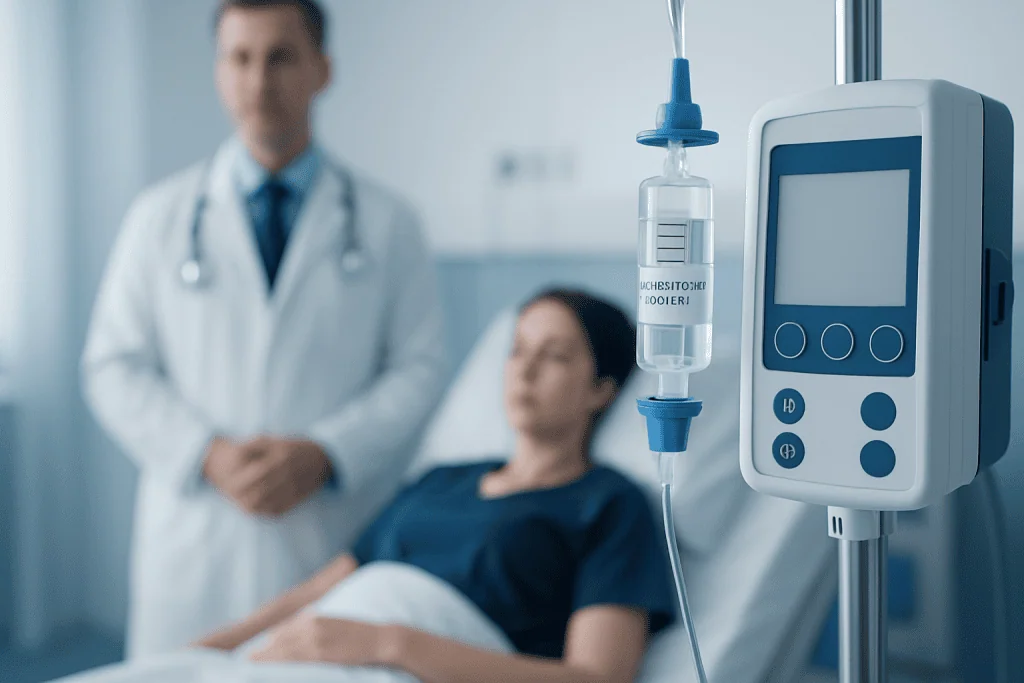 Medical professional monitoring a patient with IV infusion in hospital.