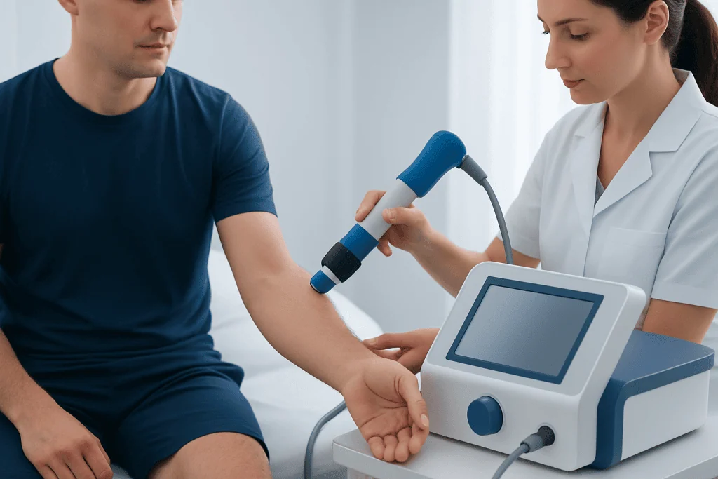 Medical professional performing Epat therapy on patient's arm with specialized device.