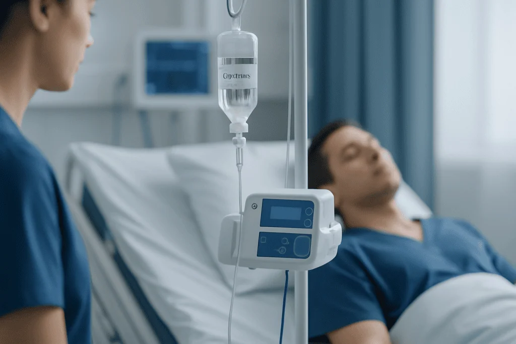 Patient receiving IV infusion in hospital setting at Acibadem Hospitals Group.